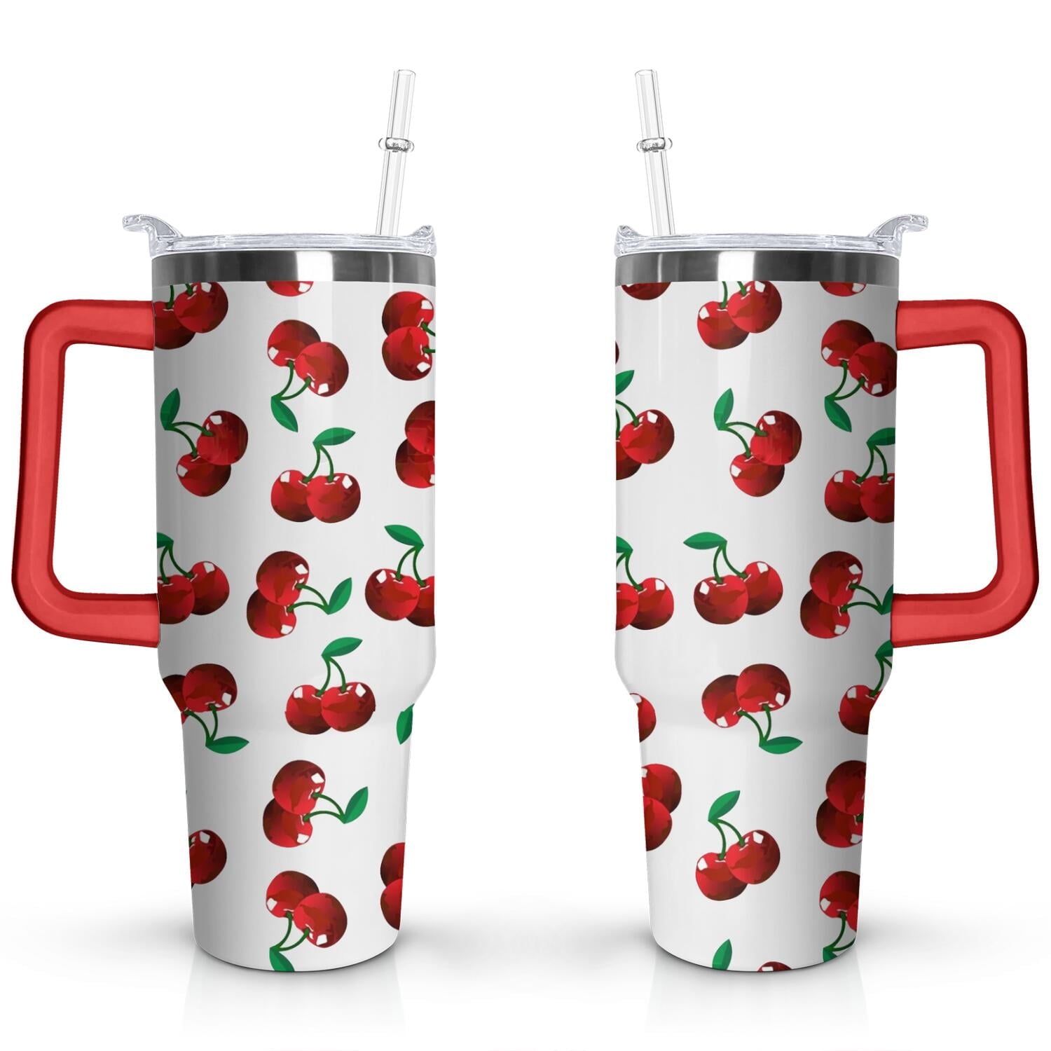 Herobuddy™ 40oz Red Cherry Fruit Pattern Stainless Steel Flip Straw Tumbler Spill - Reusable Stainless Steel Cup