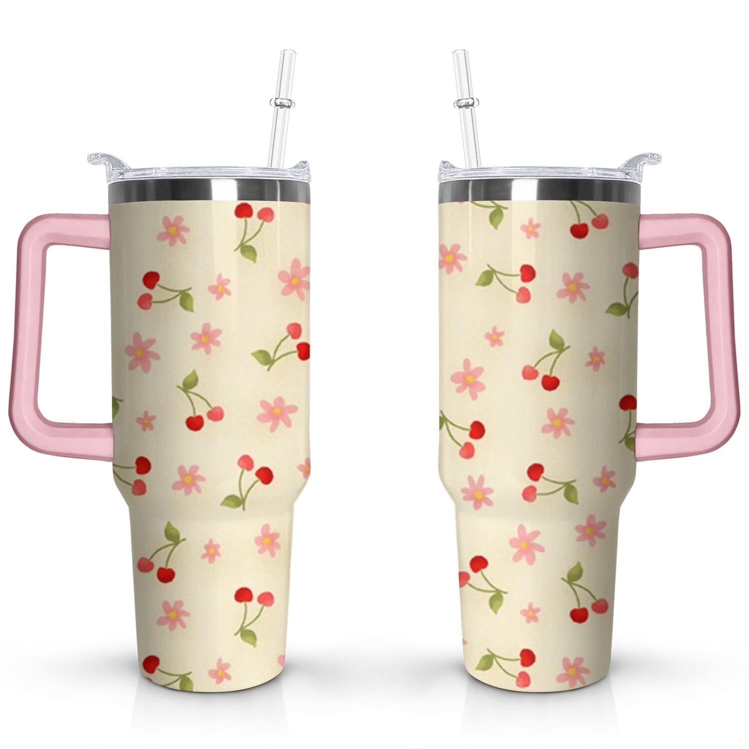 Herobuddy™ 40oz Red Cherry Fruit Pattern Stainless Steel Flip Straw Tumbler Spill - Reusable Stainless Steel Cup