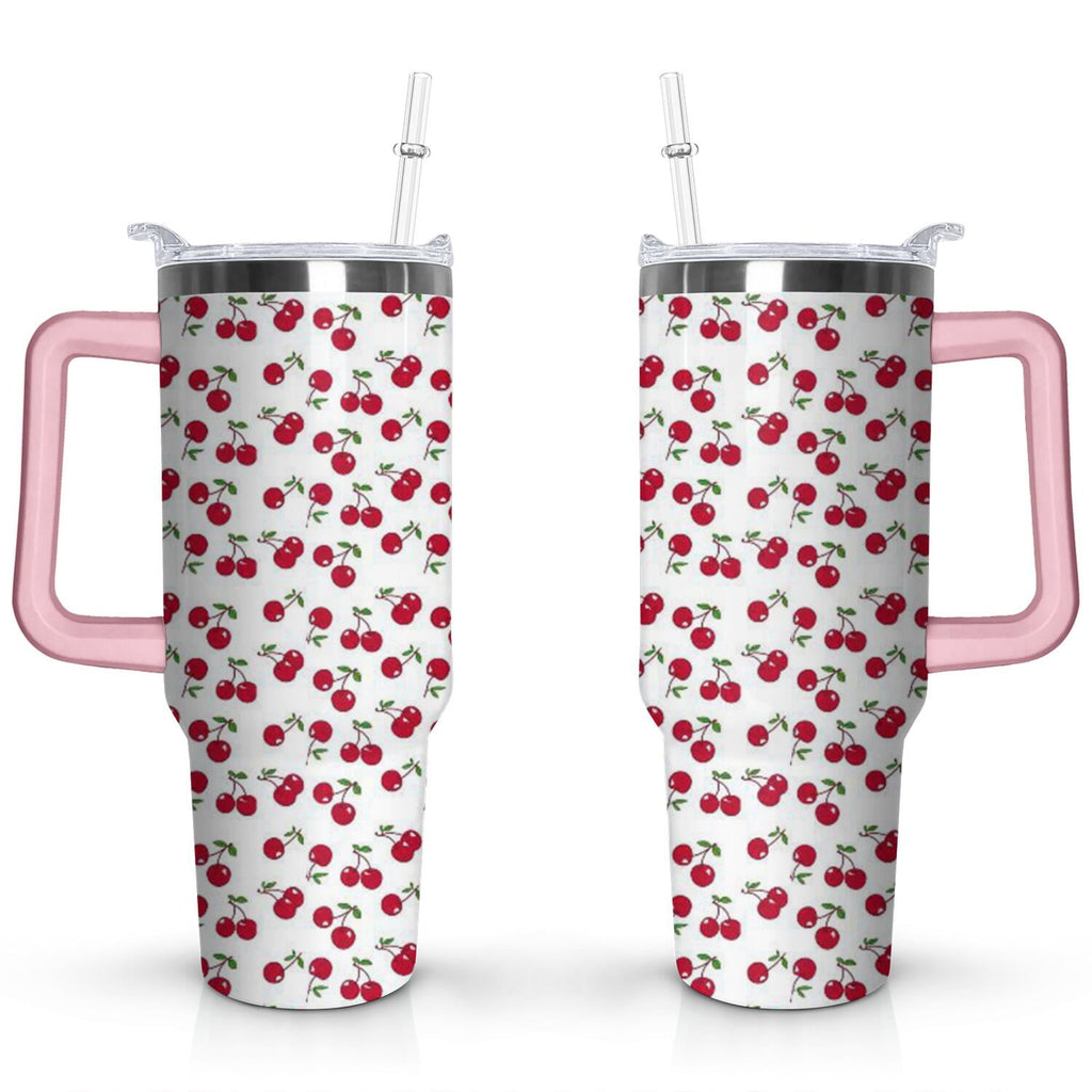 Herobuddy™ 40oz Red Cherry Fruit Pattern Stainless Steel Flip Straw Tumbler Spill - Reusable Stainless Steel Cup
