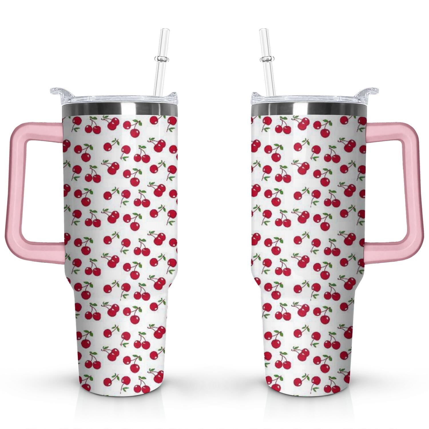 Herobuddy™ 40oz Red Cherry Fruit Pattern Stainless Steel Flip Straw Tumbler Spill - Reusable Stainless Steel Cup