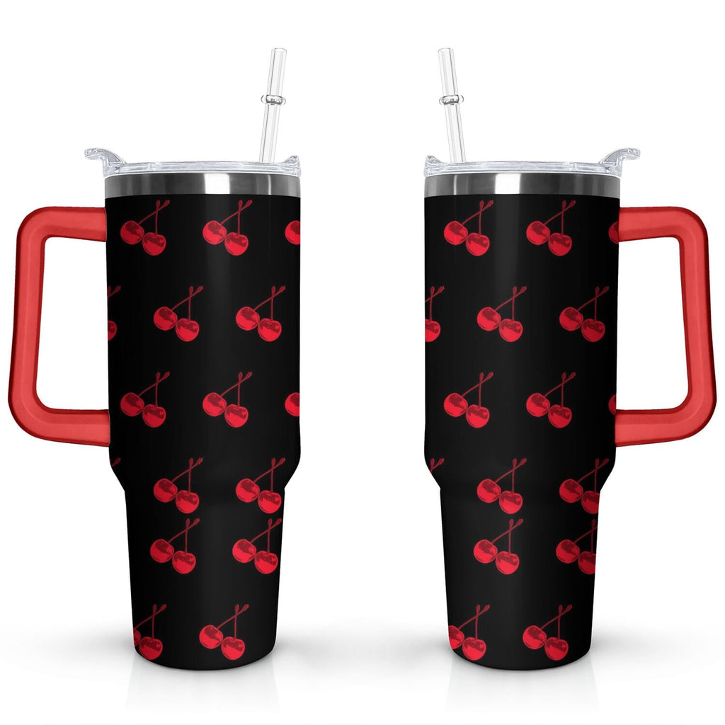 Herobuddy™ 40oz Red Cherry Fruit Pattern Stainless Steel Flip Straw Tumbler Spill - Reusable Stainless Steel Cup
