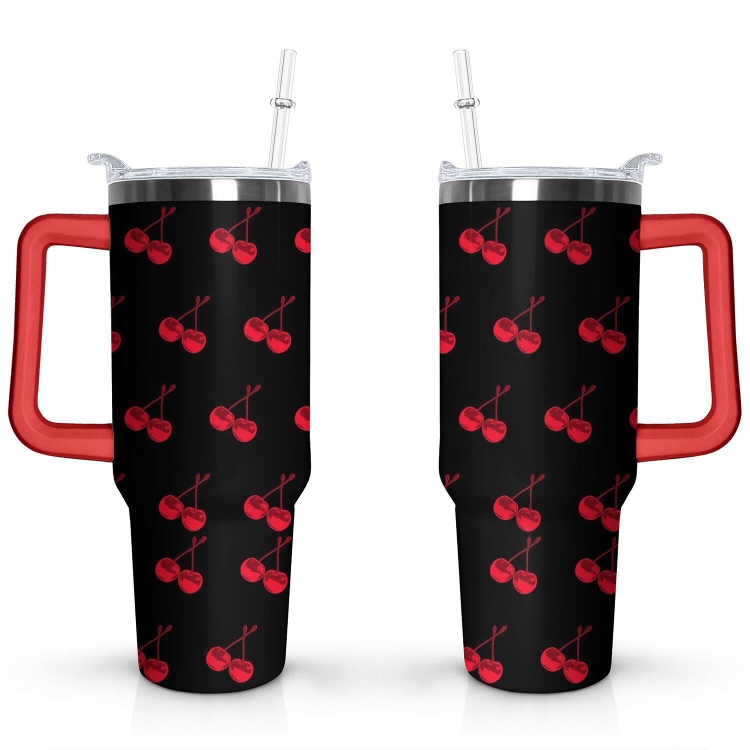 Herobuddy™ 40oz Red Cherry Fruit Pattern Stainless Steel Flip Straw Tumbler Spill - Reusable Stainless Steel Cup