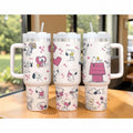 40oz Snoopy Tumbler with Handle - Cute Hearts Flowers Peanuts Collage Cup, Romantic Puppy Dog Insulated Travel Mug, Sweet Gift for Her or Him