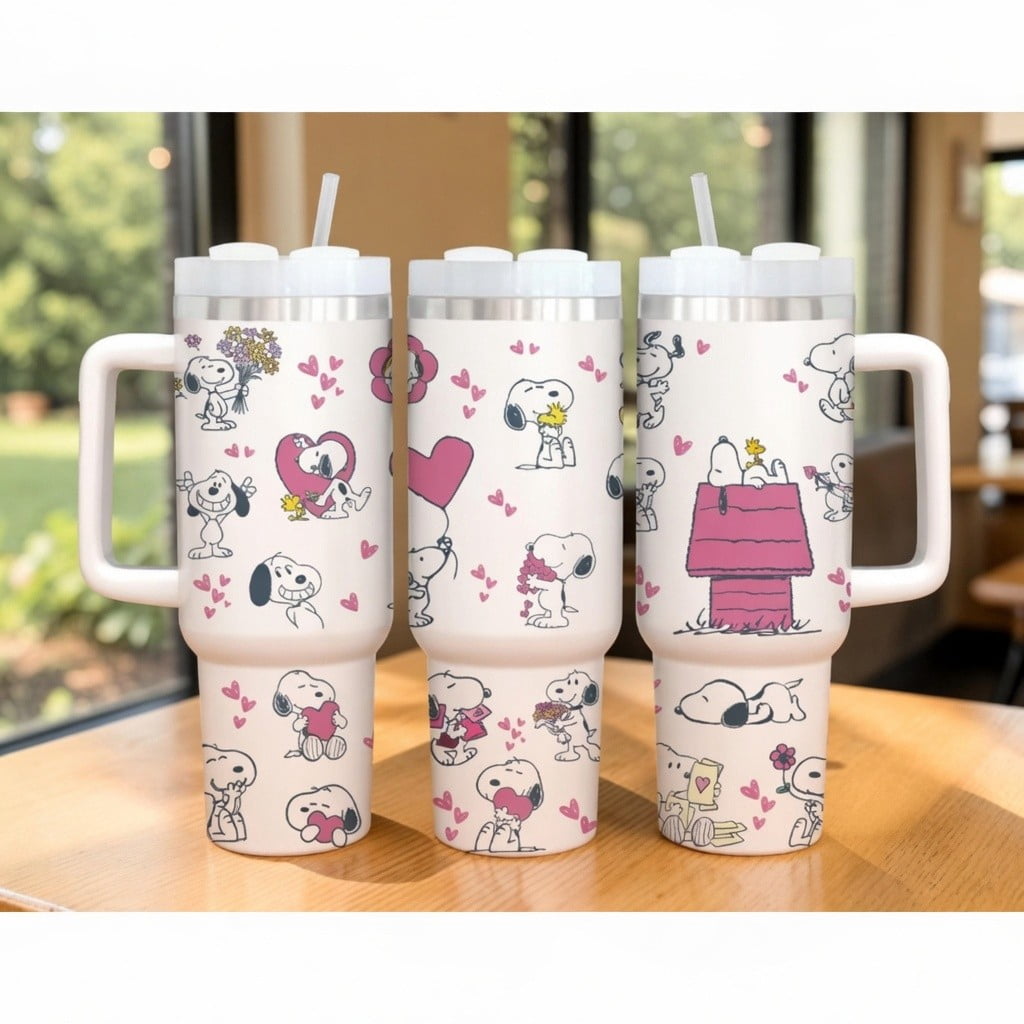 40oz Snoopy Tumbler with Handle - Cute Hearts Flowers Peanuts Collage Cup, Romantic Puppy Dog Insulated Travel Mug, Sweet Gift for Her or Him