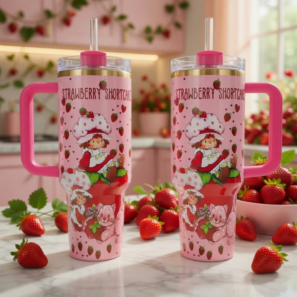 40oz Strawberry Shortcake Tumbler with Handle - Pink Berry Kawaii Cup, Cute Strawberry Girl Insulated Travel Mug, Sweet Gift for Her