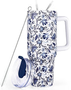 40oz Tumbler with Handle, Stainless Steel Insulated Travel Tumbler with Lid and Straw, Double Wall Vacuum Insulated Tumbler Mug, Thermal Cup for Home Outdoor, Blue and White Porcelain