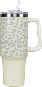 40oz Tumbler with Handle and Straw Lid | Vacuum Insulated Leak Proof Tumbler | Stainless Steel Travel Mug Water Bottle Cup Keeps Cold & Hot | Cream Leopard