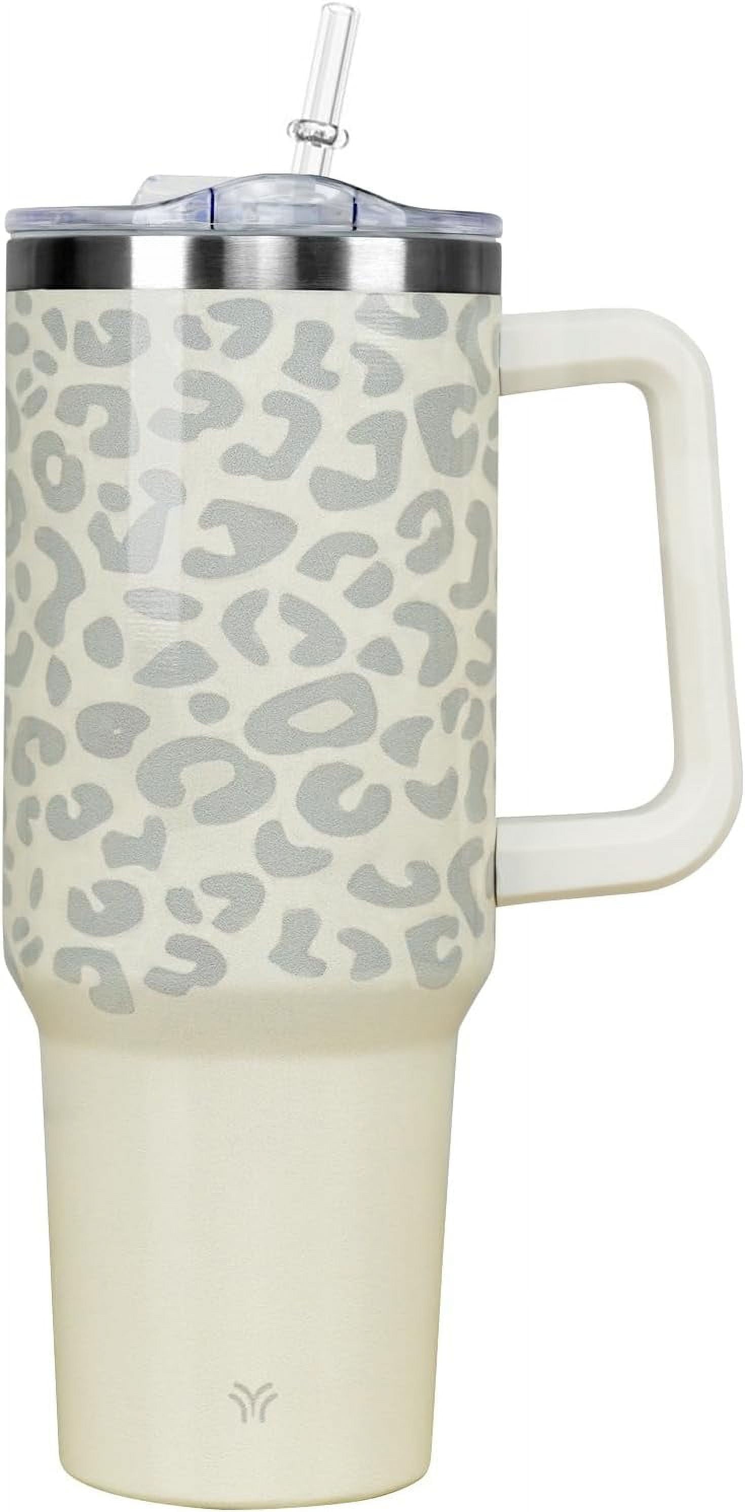 40oz Tumbler with Handle and Straw Lid | Vacuum Insulated Leak Proof Tumbler | Stainless Steel Travel Mug Water Bottle Cup Keeps Cold & Hot | Cream Leopard