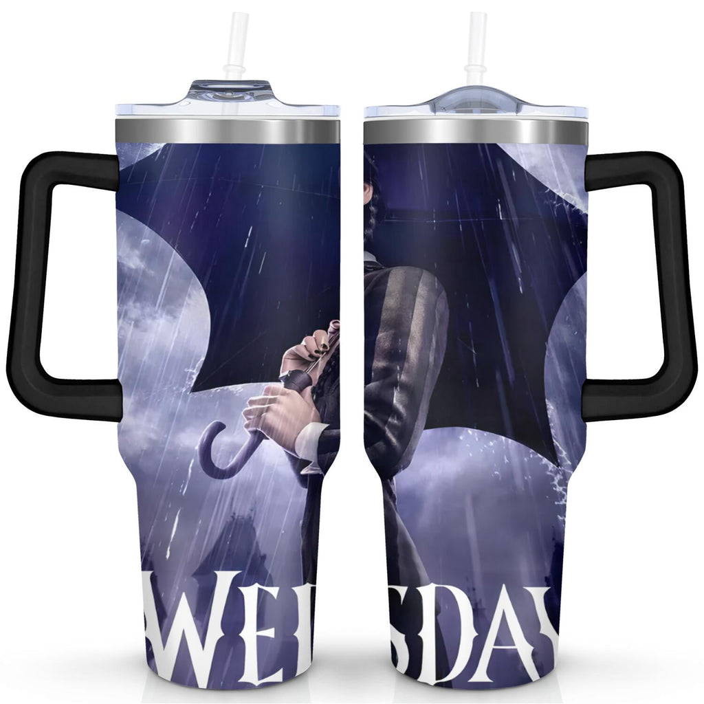 40oz Wednesday Girl Stainless Steel Tumbler with Lid and Straw,Wednesday Stuff Merchandise Spill Proof Travel Cup Double Wall Vacuum Insulated Coffee Mug with Handle Black