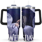 40oz Wednesday Girl Stainless Steel Tumbler with Lid and Straw,Wednesday Stuff Merchandise Spill Proof Travel Cup Double Wall Vacuum Insulated Coffee Mug with Handle Black