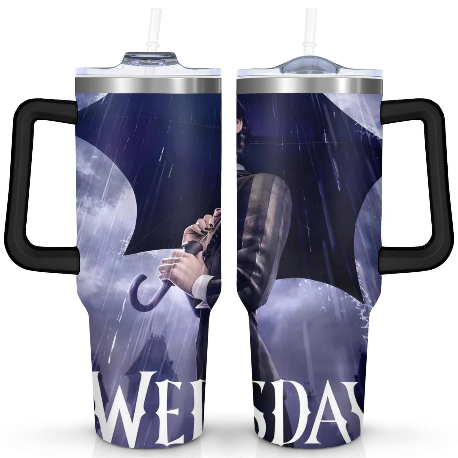40oz Wednesday Girl Stainless Steel Tumbler with Lid and Straw,Wednesday Stuff Merchandise Spill Proof Travel Cup Double Wall Vacuum Insulated Coffee Mug with Handle Black