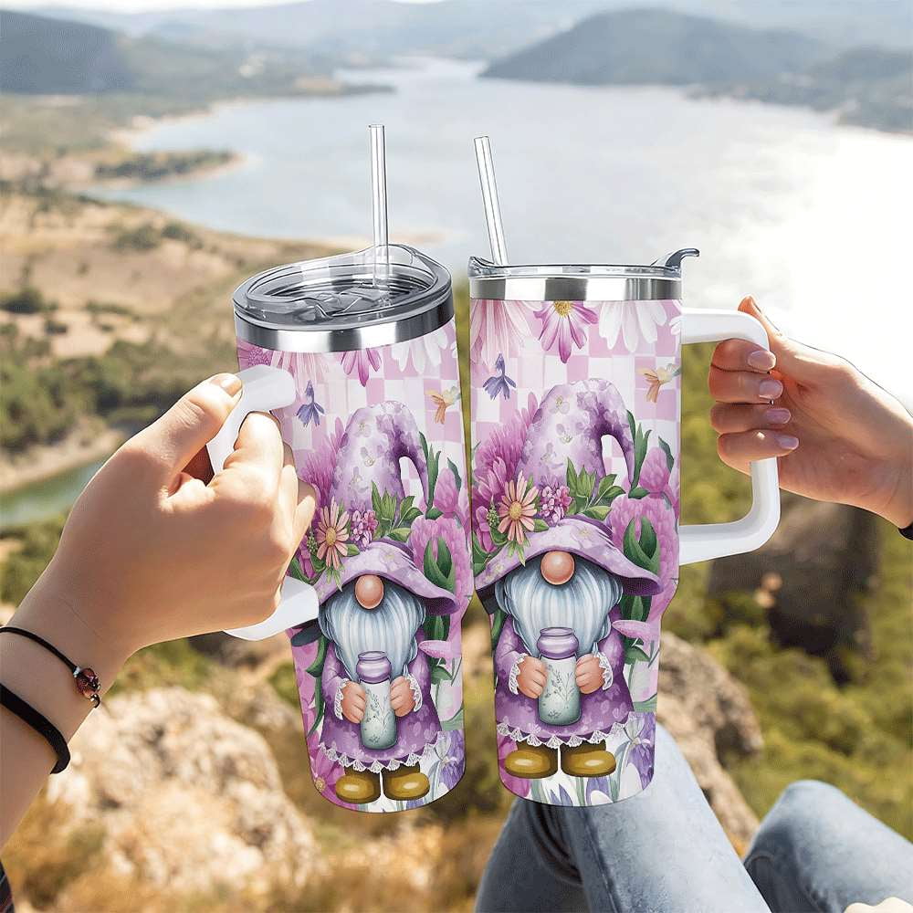 Purple Floral Gnome Stainless Steel Tumbler with Handle and Straw, Insulated Travel Mug for Women, Cute Spring Flower Cup Gift