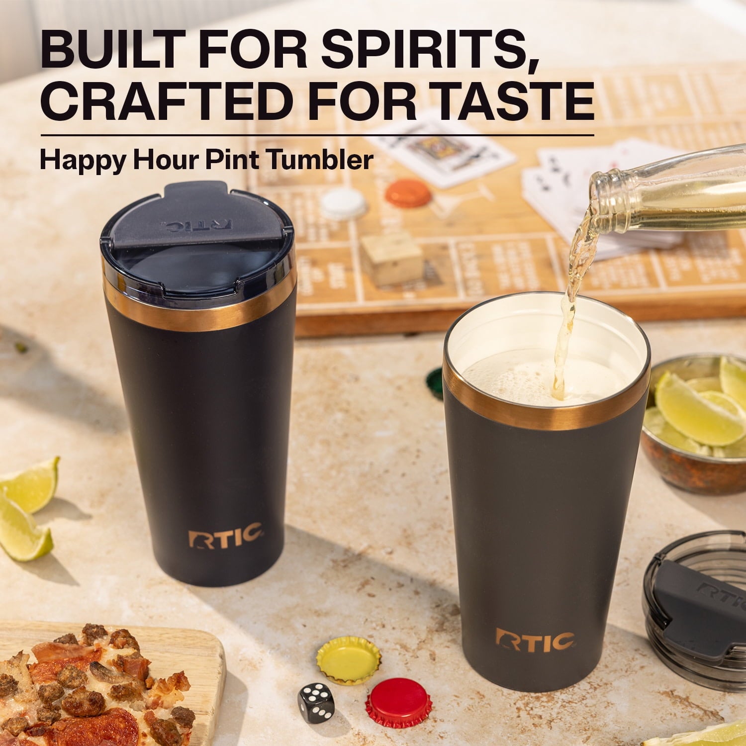 RTIC 18 oz Ceramic Lined Insulated Happy Hour Pint Tumbler, Leak Resistant Lid, Soft-Touch Exterior, Dark Midnight Dust