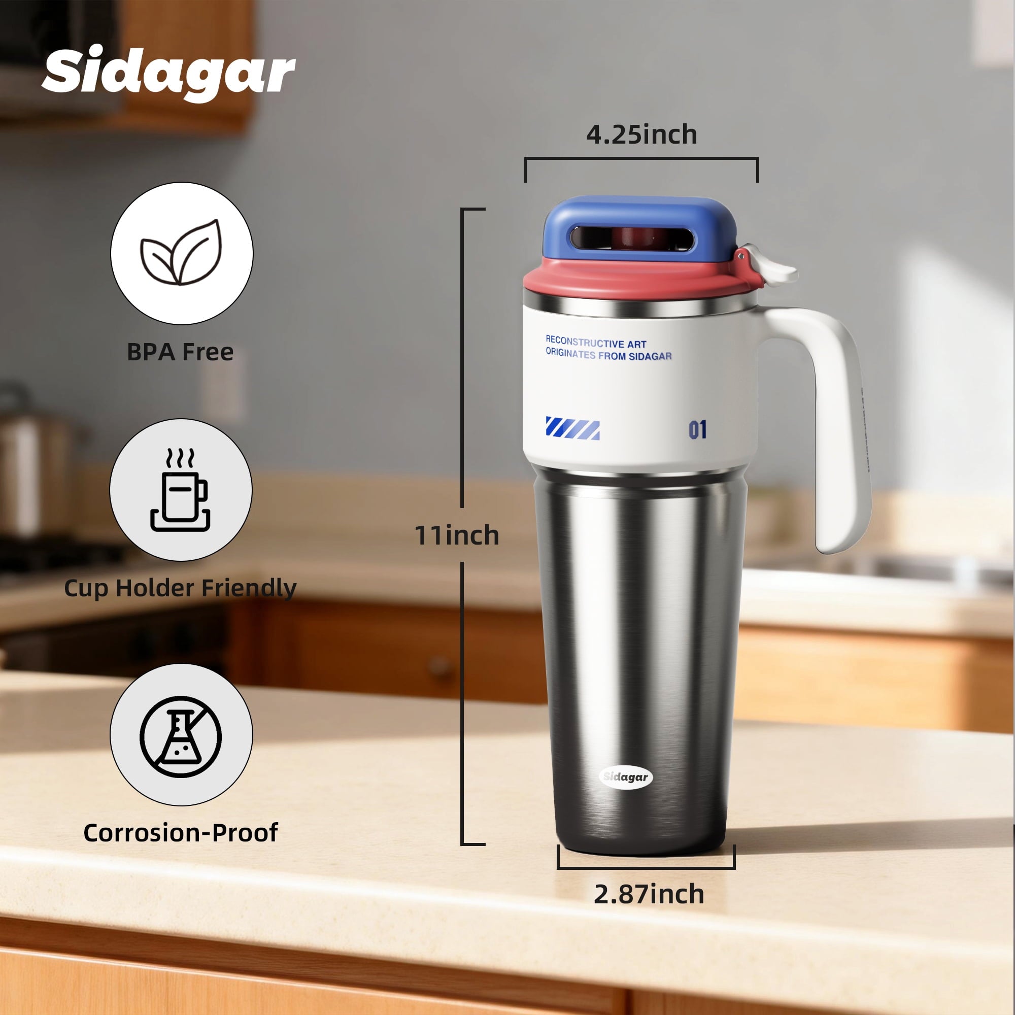 Sidagar 32 oz Stainless Steel Vacuum Insulated Tumbler with Straw and Handle, Arctic White