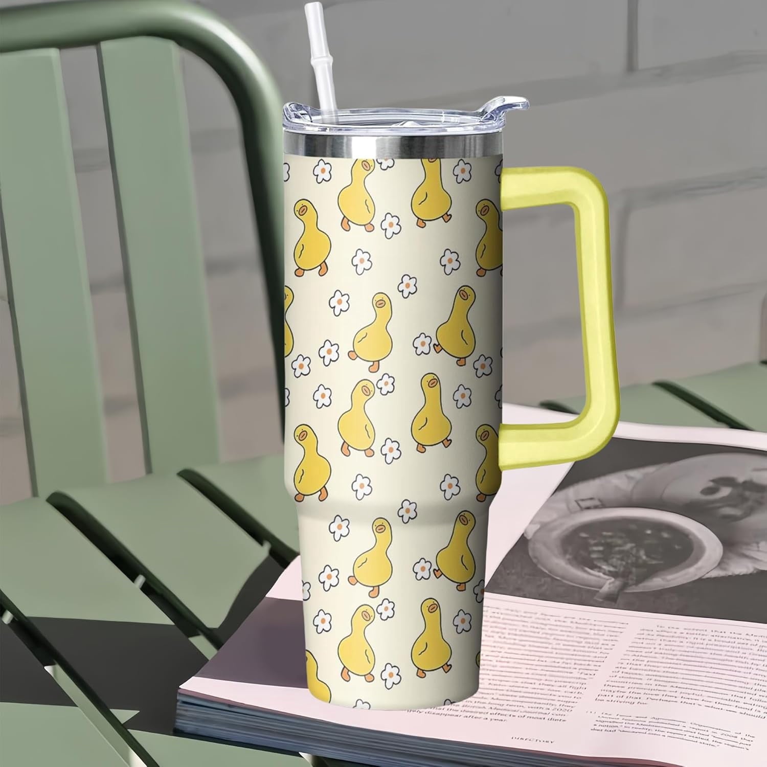 30 oz Duck Tumbler with Handle and Straw, Insulated Stainless Steel Cup with Lid, Travel Coffee Mug Water Bottle, Gifts for Woman Animal Lovers