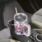 Purple Floral Gnome Stainless Steel Tumbler with Handle and Straw, Insulated Travel Mug for Women, Cute Spring Flower Cup Gift