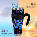 40 oz Tumbler with Handle and Straw 40oz Blue Purple Butterfly Cup Insulated Coffee Travel Mug Spill Proof Leak Proof 40 ounce Stainless Steel Slim 40 oz tumbler with handle and Lid