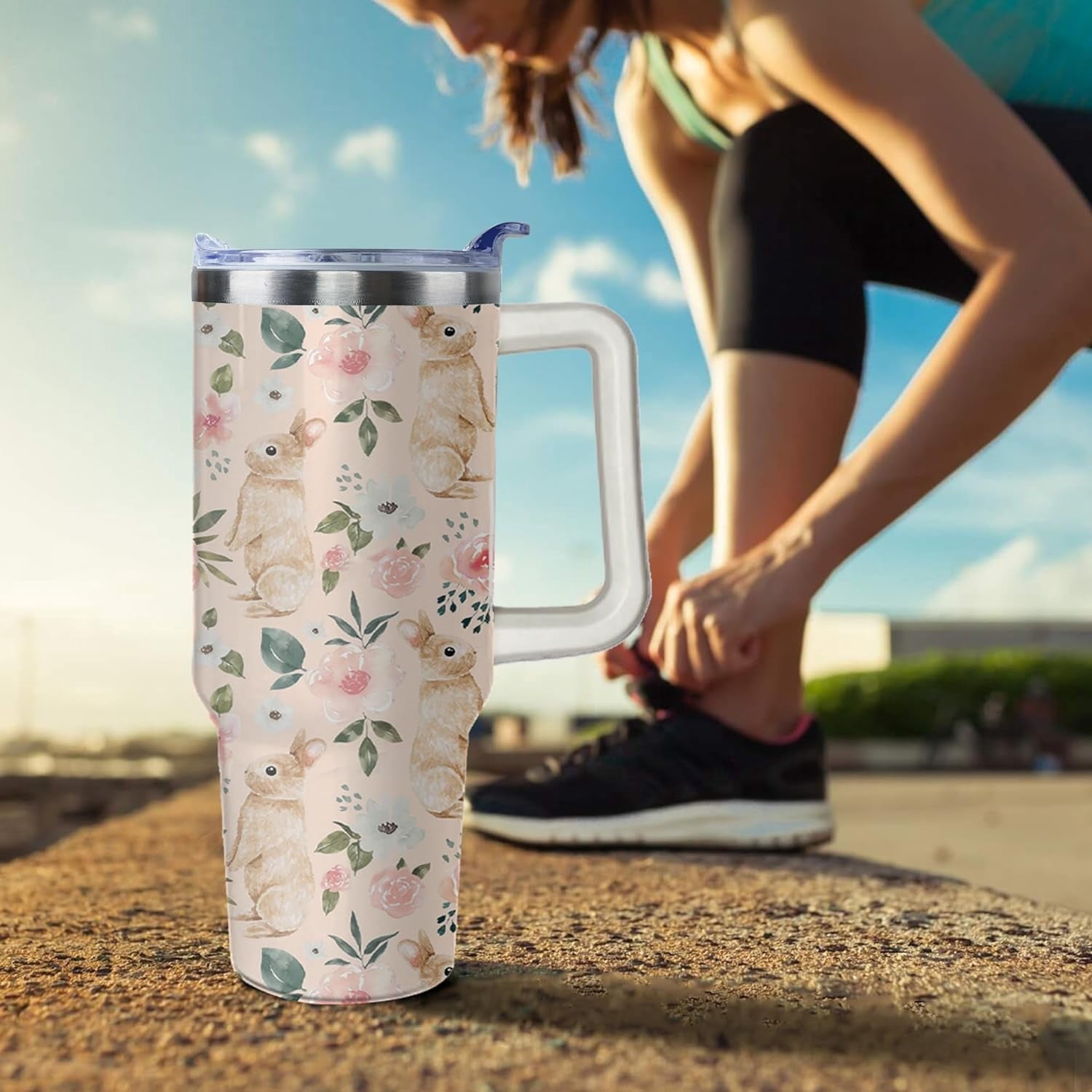 40oz Easter Bunny Tumbler with Handle and Straw, Rabbit Stainless Steel Travel Mug Water Bottle, Vacuum Insulated Cup, Gifts for Women Bunny Lovers