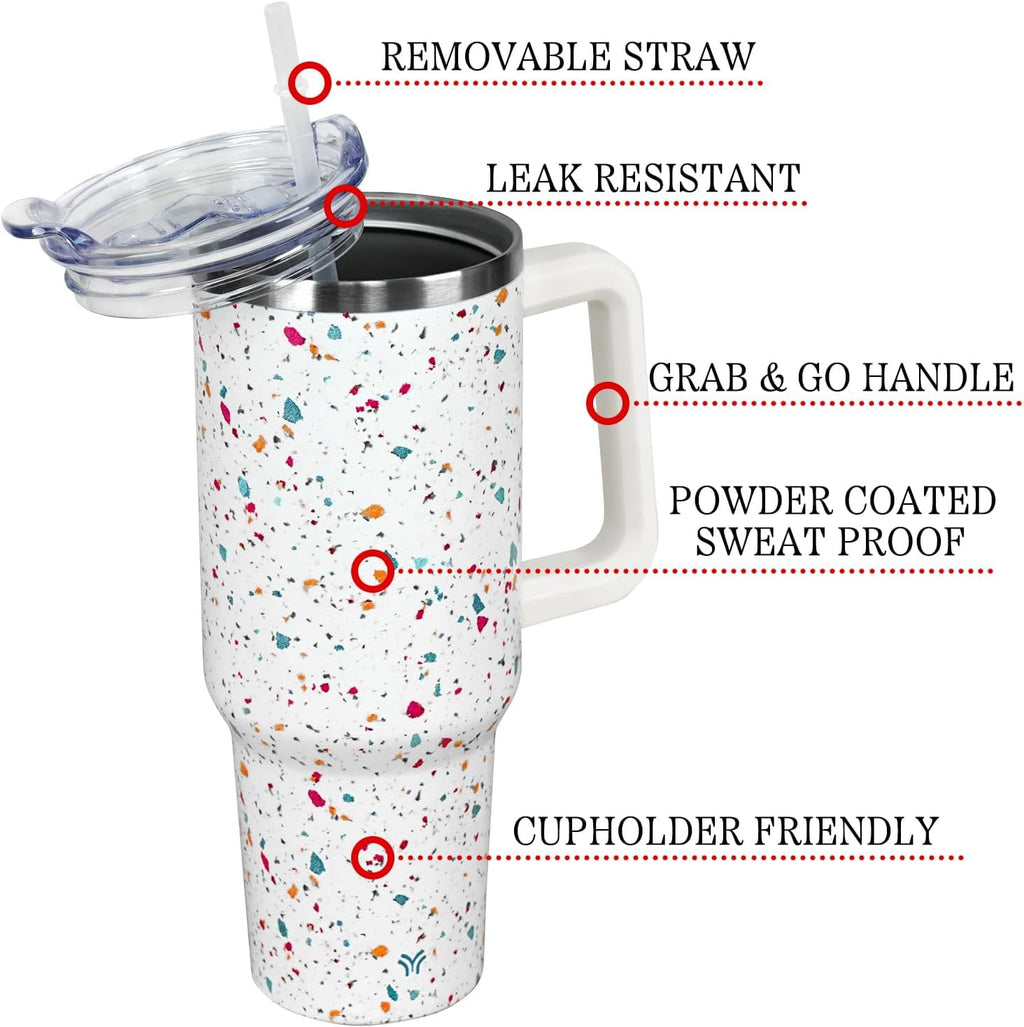 40oz Tumbler with Handle and Straw Lid | Vacuum Insulated Leak Proof Tumbler | Stainless Steel Travel Mug Water Bottle Cup Keeps Cold & Hot | Terrazzo