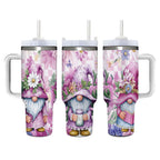 Purple Floral Gnome Stainless Steel Tumbler with Handle and Straw, Insulated Travel Mug for Women, Cute Spring Flower Cup Gift