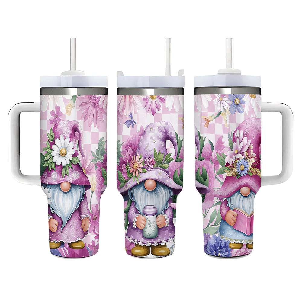 Purple Floral Gnome Stainless Steel Tumbler with Handle and Straw, Insulated Travel Mug for Women, Cute Spring Flower Cup Gift
