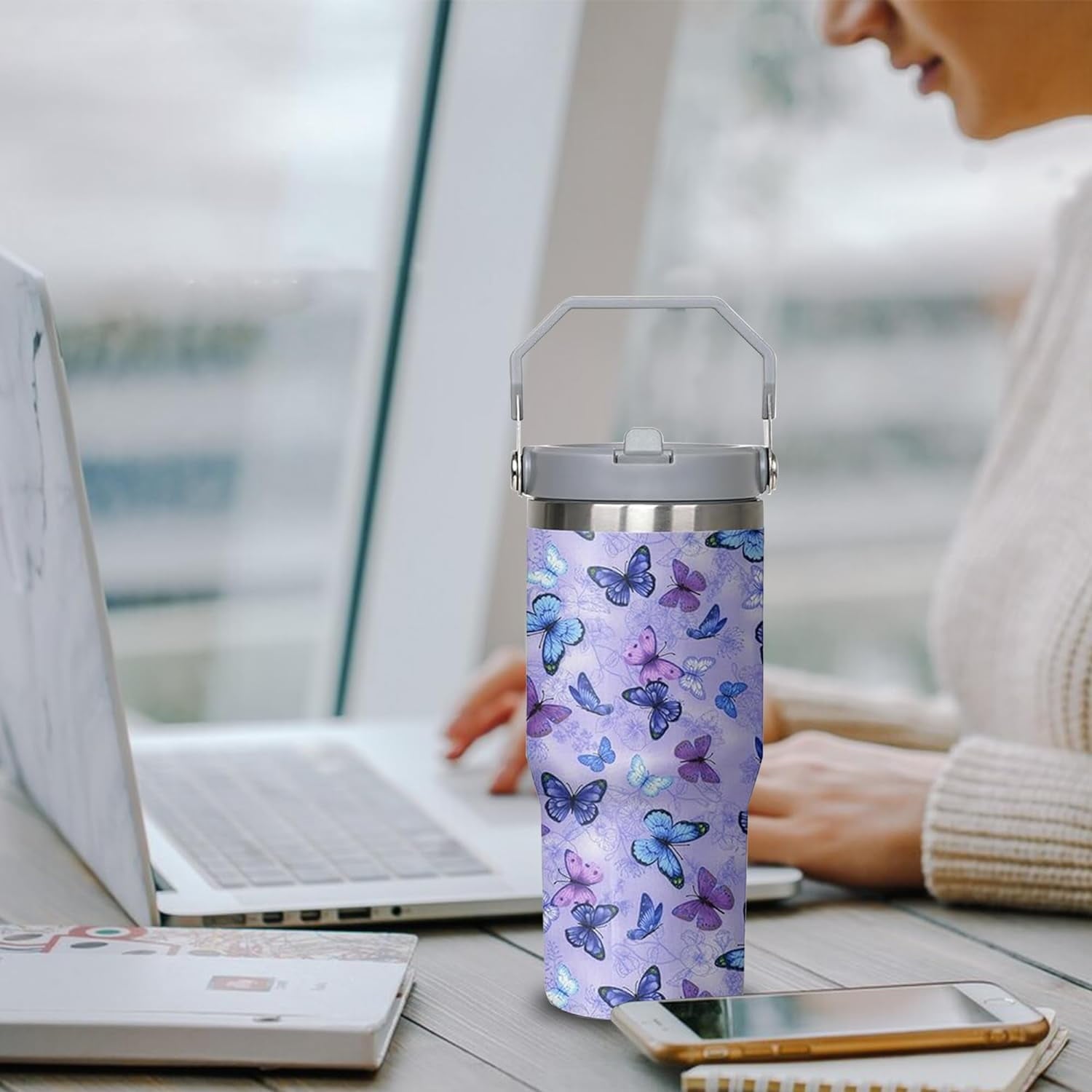 30 oz Purple Butterfly Tumbler with Handle and Filp Straw, Stainless Steel Cup with Lid and Straw, Travel Coffee Mug Insulated Water Bottle,Christmas Birthday Mothers Day Gifts for Women Animal Lovers
