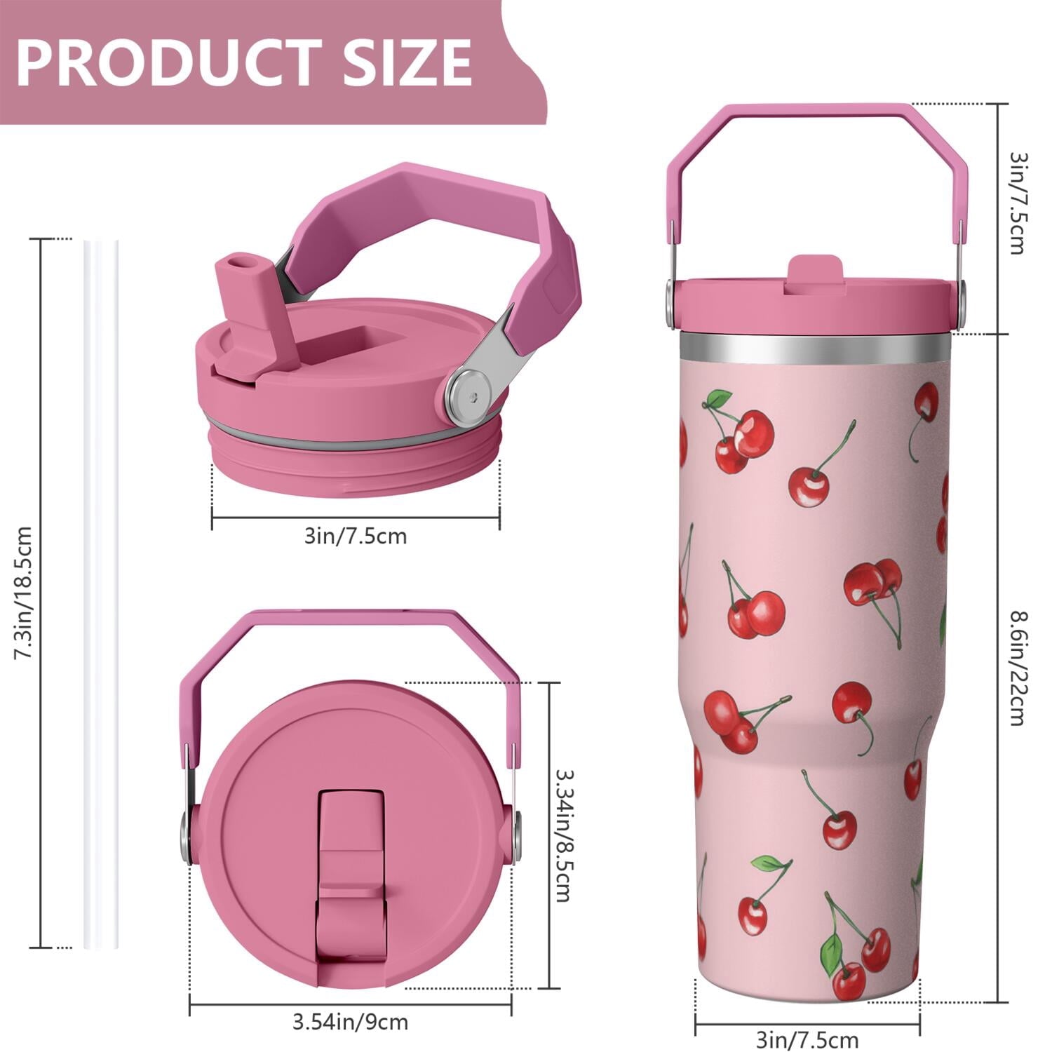 1pc cherry 30oz Tumbler with Straw & Handle - Insulated Stainless Steel Cup | Holiday Gift for Man Women (Christmas, Valentine's, Birthday)