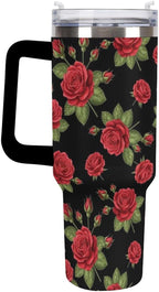 40 oz Insulated Floral Flowers Red Rose Coffee Tumbler with Portable Handle, Stainless Steel Vacuum Travel Mug for Unisex Home, Office Use