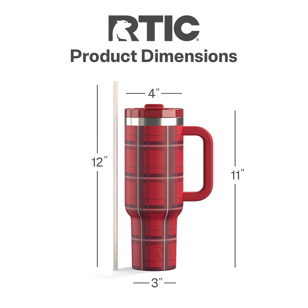 RTIC 40 oz Ceramic Lined Road Trip Tumbler, Leak-Resistant Straw Lid, Christmas, Holiday, Red Plaid