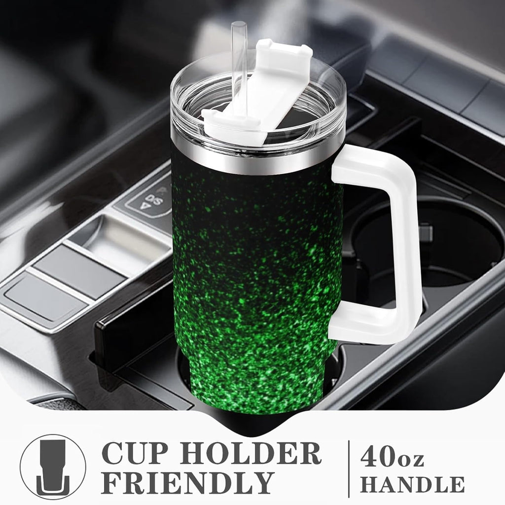 Ombre Leopard Glitter 40 oz Insulated Double Wall Stainless Steel Tumbler with Handle and Straw, Lid, Large Travel Mug Fits in Cup Holder, Cup Gift for Women(Green)