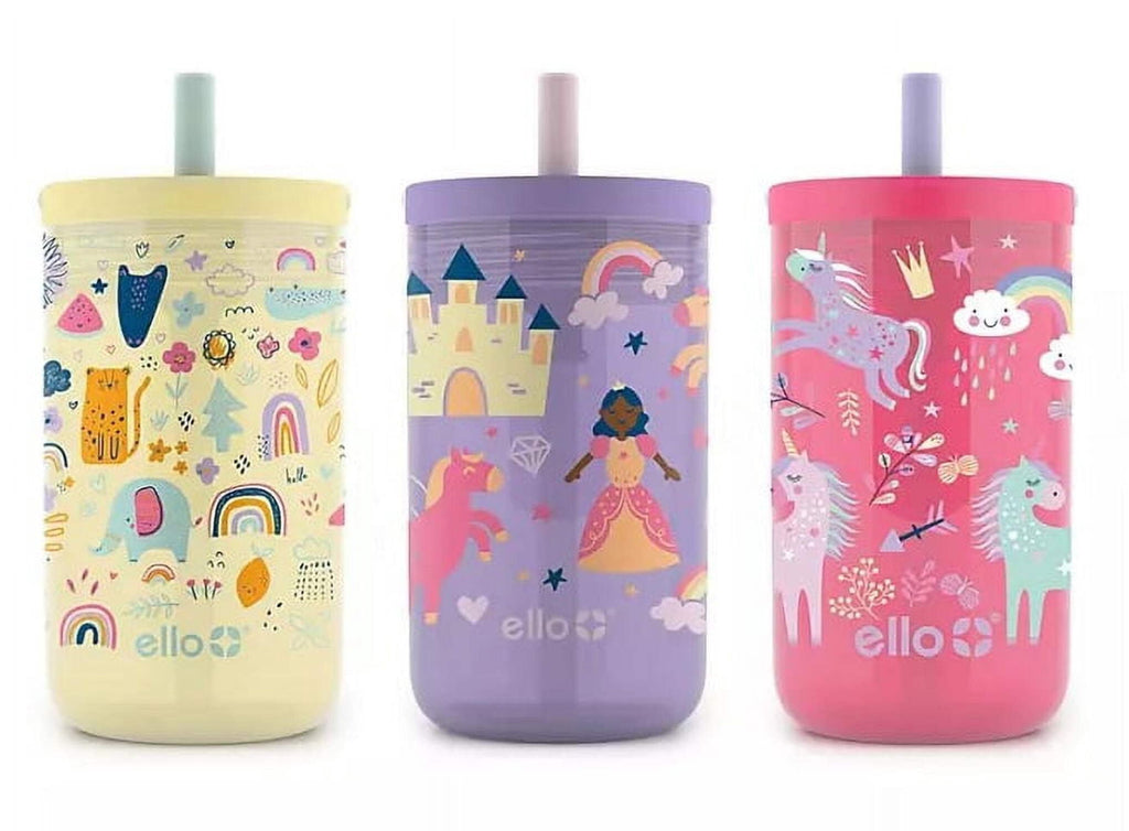 Ello 12 Oz Animal Princess & Unicorn Spill Proof PlasticTumbler Glasses (set of 3)