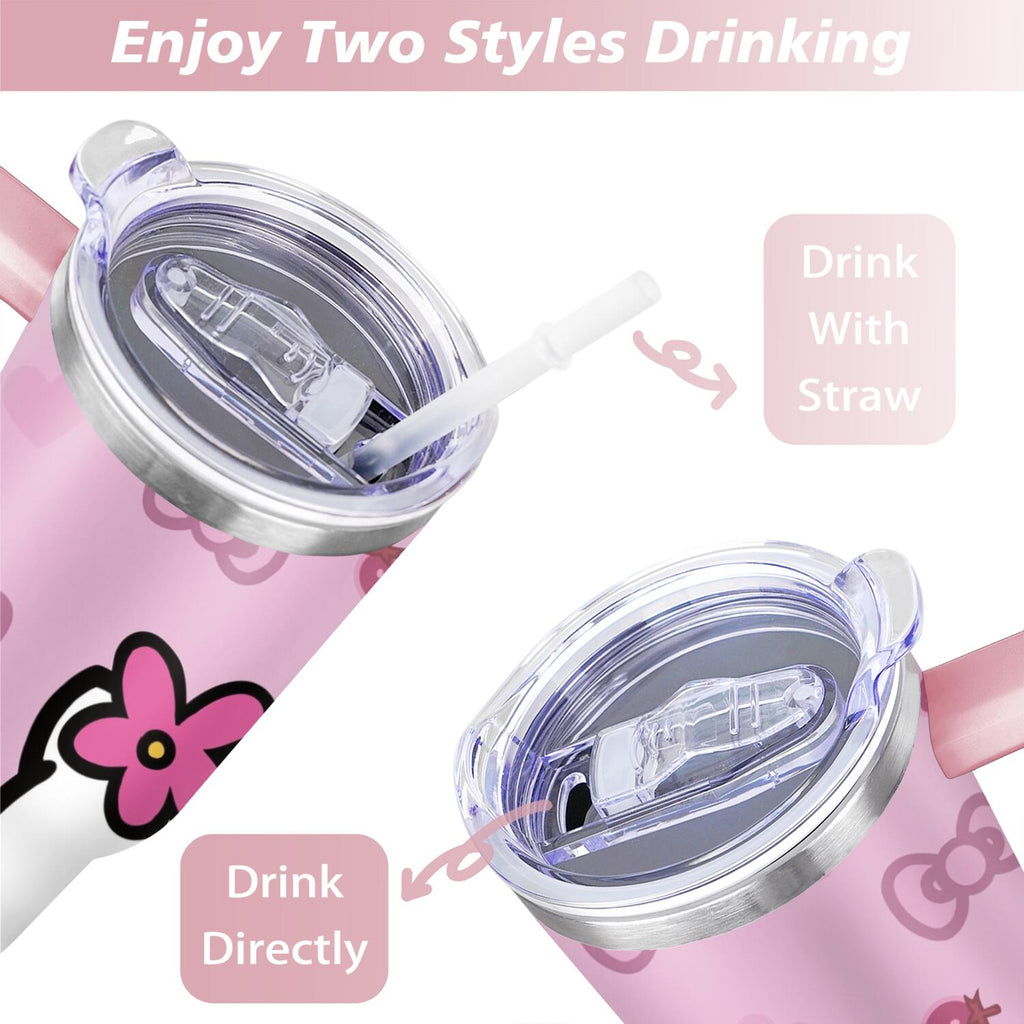 40oz Hello Kawaii Cat Cute Stainless Steel Tumbler with Lid and Straw,Spill Proof Travel Cup Double Wall Vacuum Insulated Coffee Mug with Handle Pink