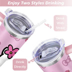 40oz Hello Kawaii Cat Cute Stainless Steel Tumbler with Lid and Straw,Spill Proof Travel Cup Double Wall Vacuum Insulated Coffee Mug with Handle Pink