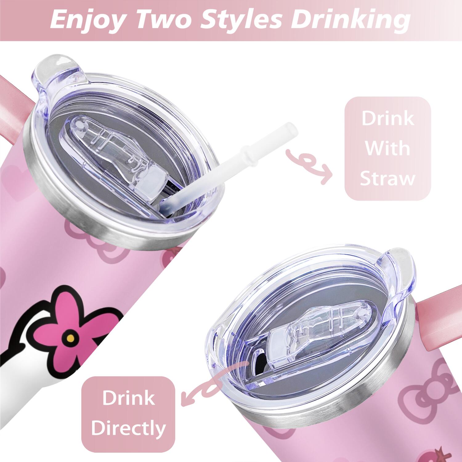 40oz Hello Kawaii Cat Cute Stainless Steel Tumbler with Lid and Straw,Spill Proof Travel Cup Double Wall Vacuum Insulated Coffee Mug with Handle Pink