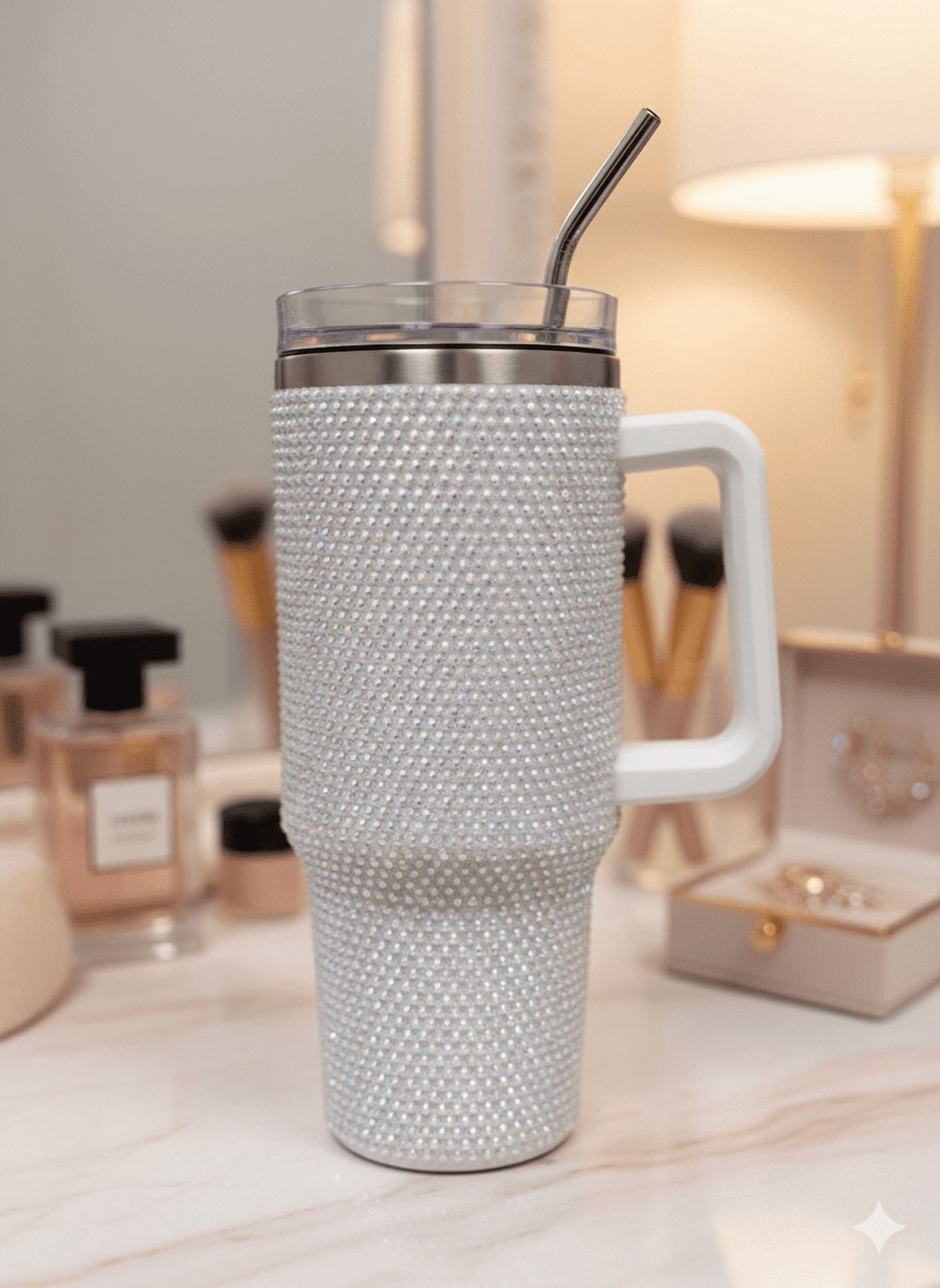 Thirstee 40 oz Rhinestone Tumbler with Handle and Metal Straw Lid, White Bling Insulated Travel Mug