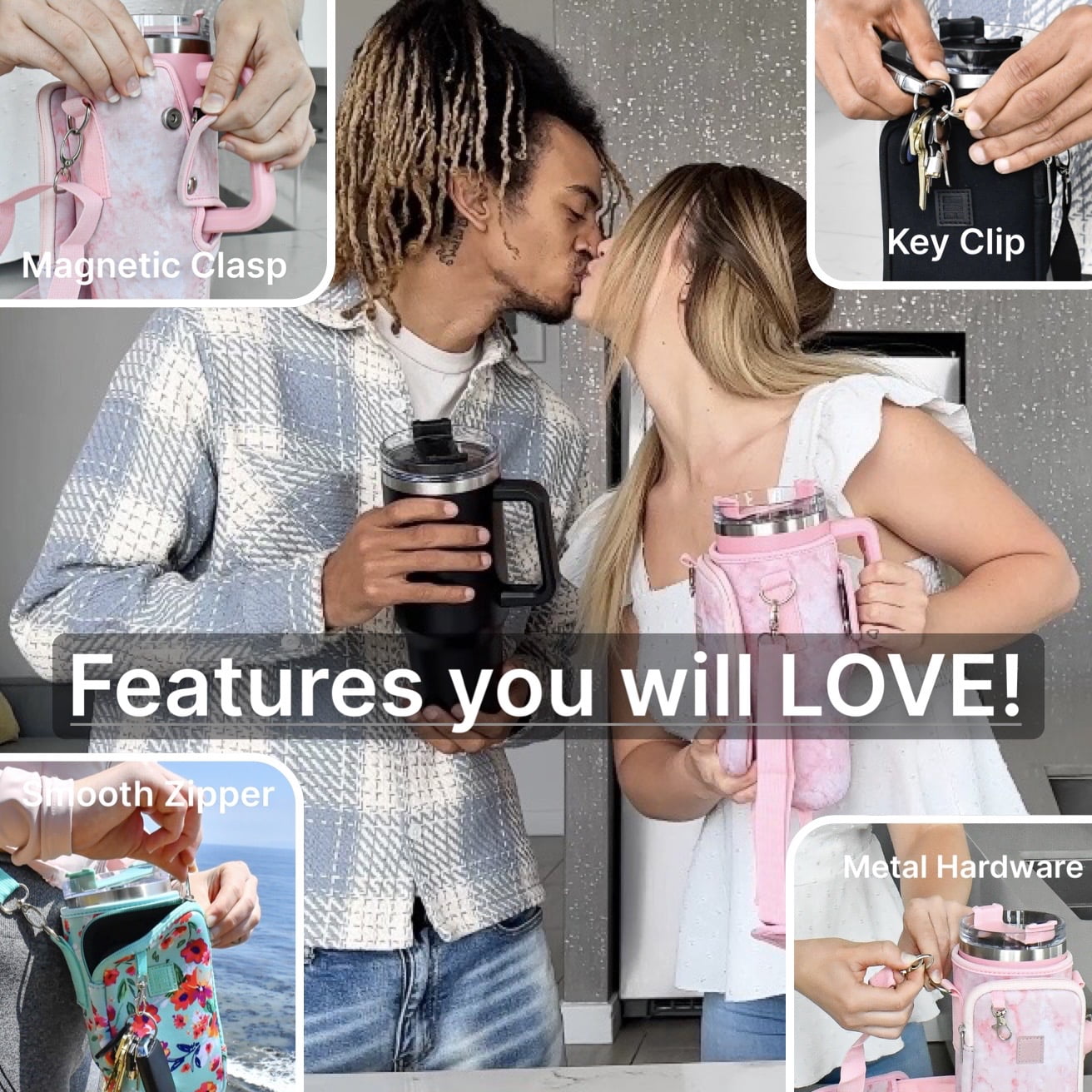 Made Easy Kit Tumbler & Neorpene Pocket Carrier for Water, Iced Tea or Coffee - Stainless Steel Vacuum Insulated Car Cup with Lid, Straw, and Carabiner for Hanging Accessories