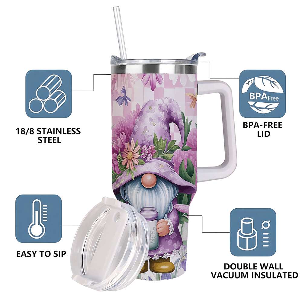 Purple Floral Gnome Stainless Steel Tumbler with Handle and Straw, Insulated Travel Mug for Women, Cute Spring Flower Cup Gift