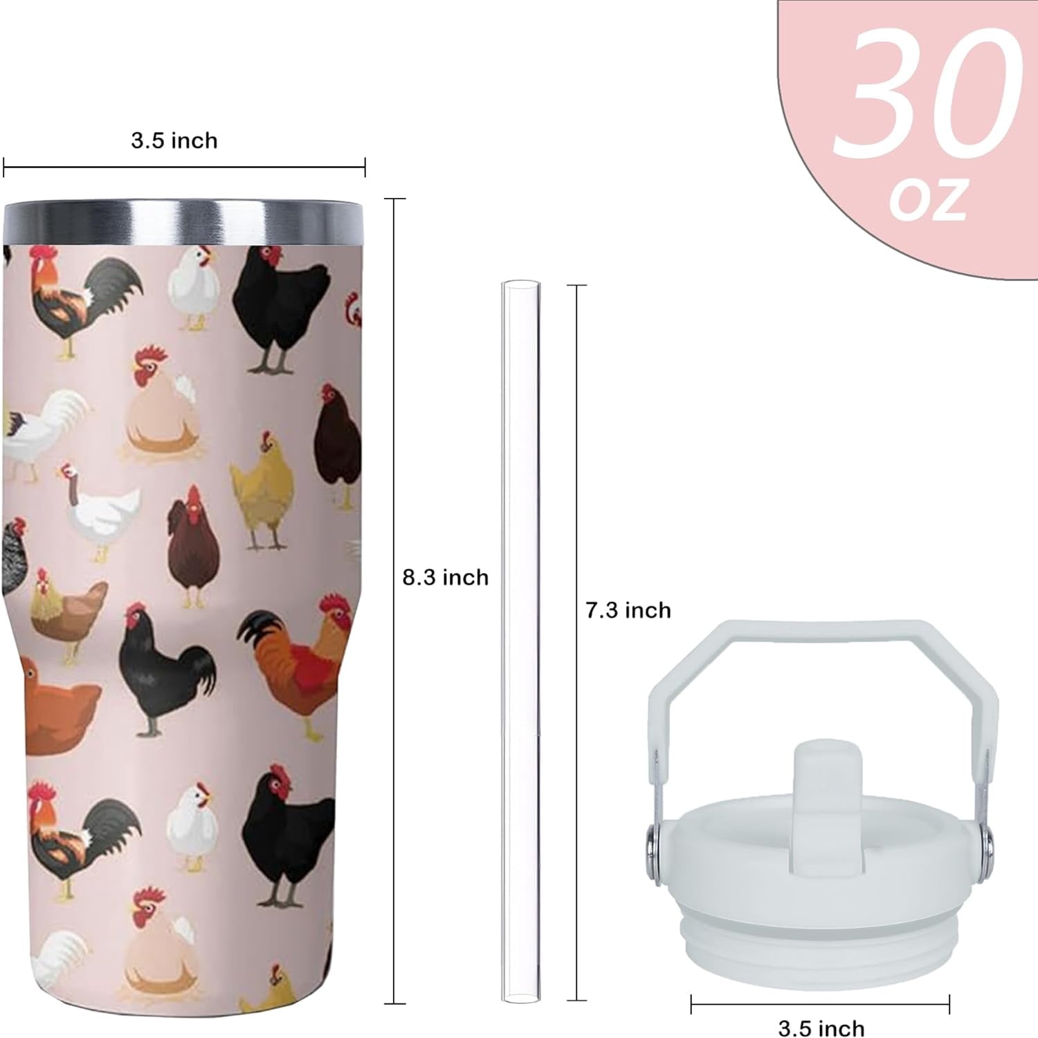 30 oz Chicken Tumbler with Handle and Flip Straw, Stainless Steel Double Insulated Cup with Lid and Straw, Travel Coffee Mug Water Bottle,Christmas Birthday Mothers Day Gifts for Women Animal Lovers