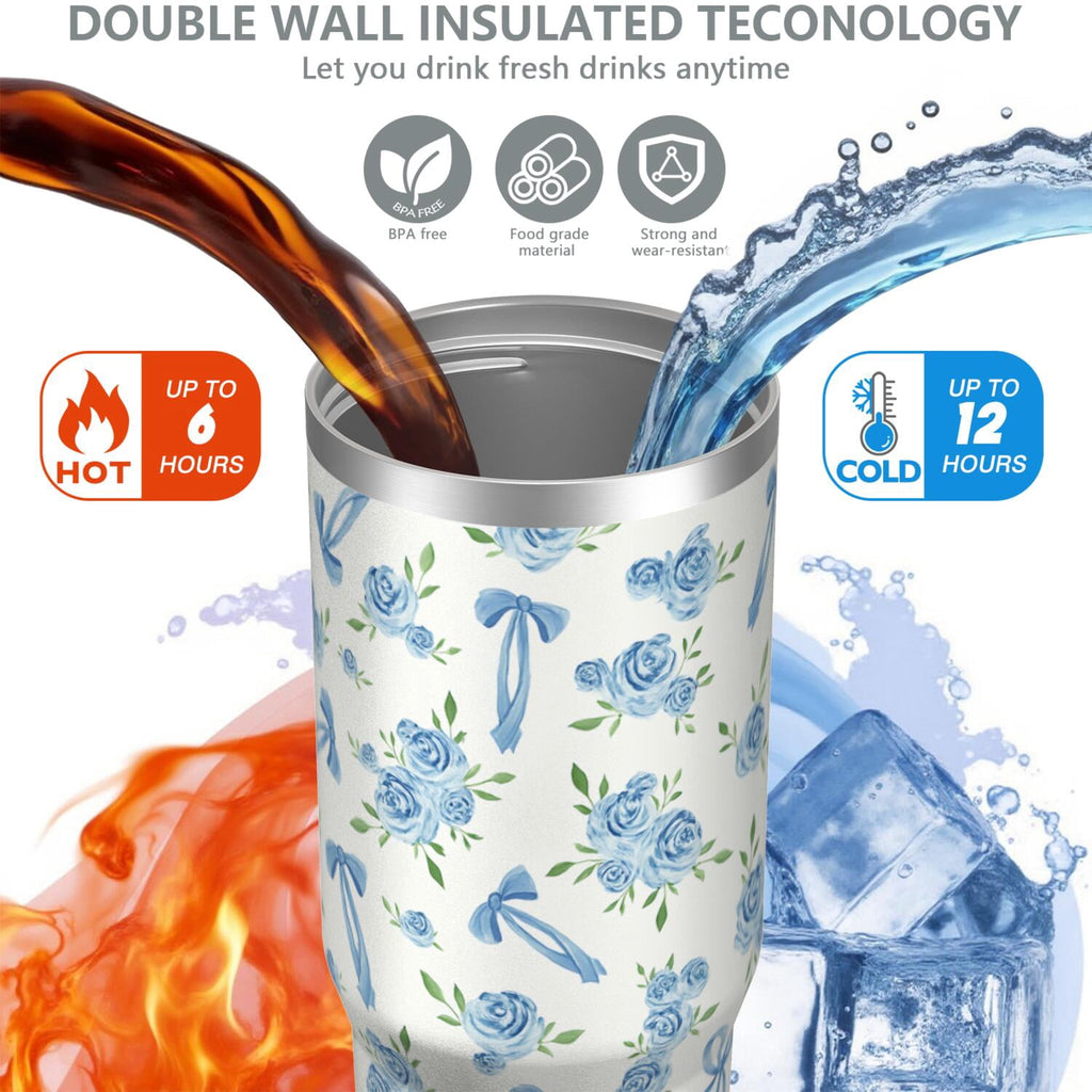 1pc Bow 30oz Tumbler with Straw & Handle - Insulated Stainless Steel Cup | Holiday Gift for Man Women (Christmas, Valentine's, Birthday)