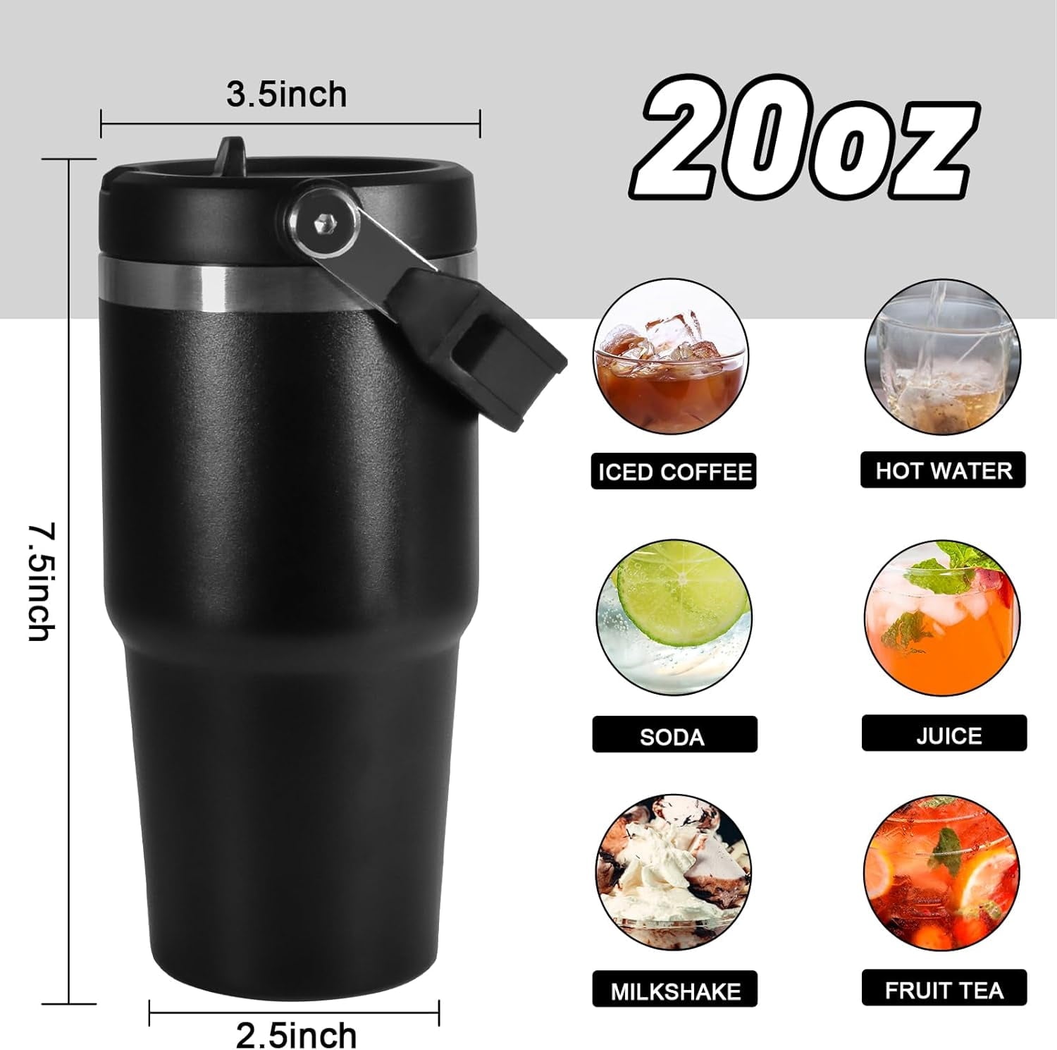 WarmH 20 oz Tumbler with Handle,Insulated Tumbler with Lid and Flip Straw Leak Proof Double Wall Stainless Steel Vacuum Travel Coffee Mug Insulated Water Bottle Thermal Cup, Cupholder Friendly, Black