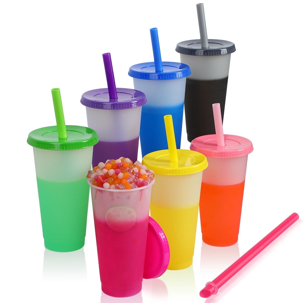 7 Pcs Plastic Tumblers Bulk with Lids | Straws for Adults Kids 24 oz Reusable Boba Drinking Cups Reusable Ice Cold Color Changing Cups