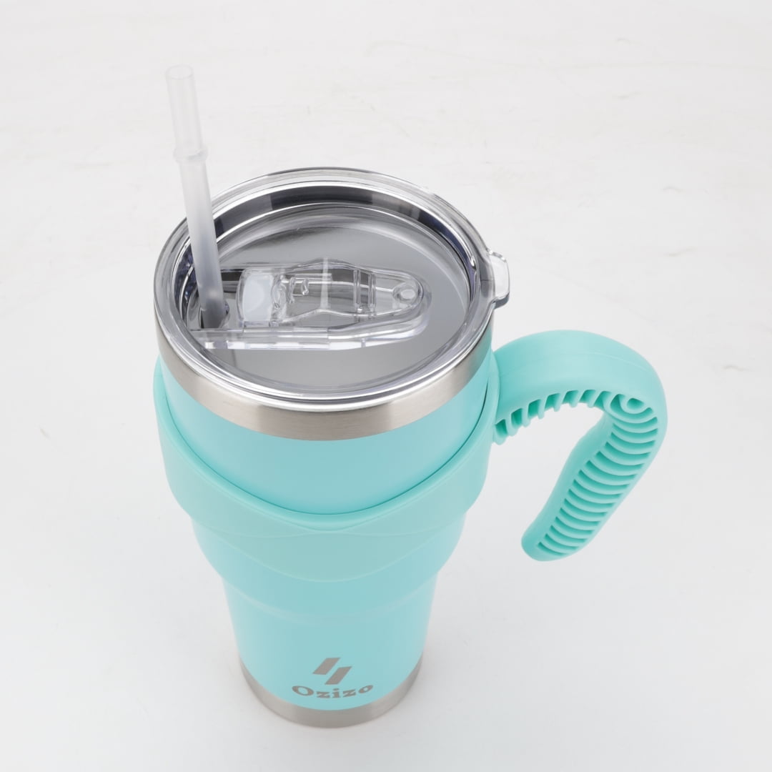 Ozizo 30oz Cup with Handle - 30 Ounce Tumbler with Handle - Tumbler with Straw 30 oz - Insulated Hot and Cold - Cyan Blue Insulated Tumbler - Toddler Insulated Cup - Insulated Straw Cup