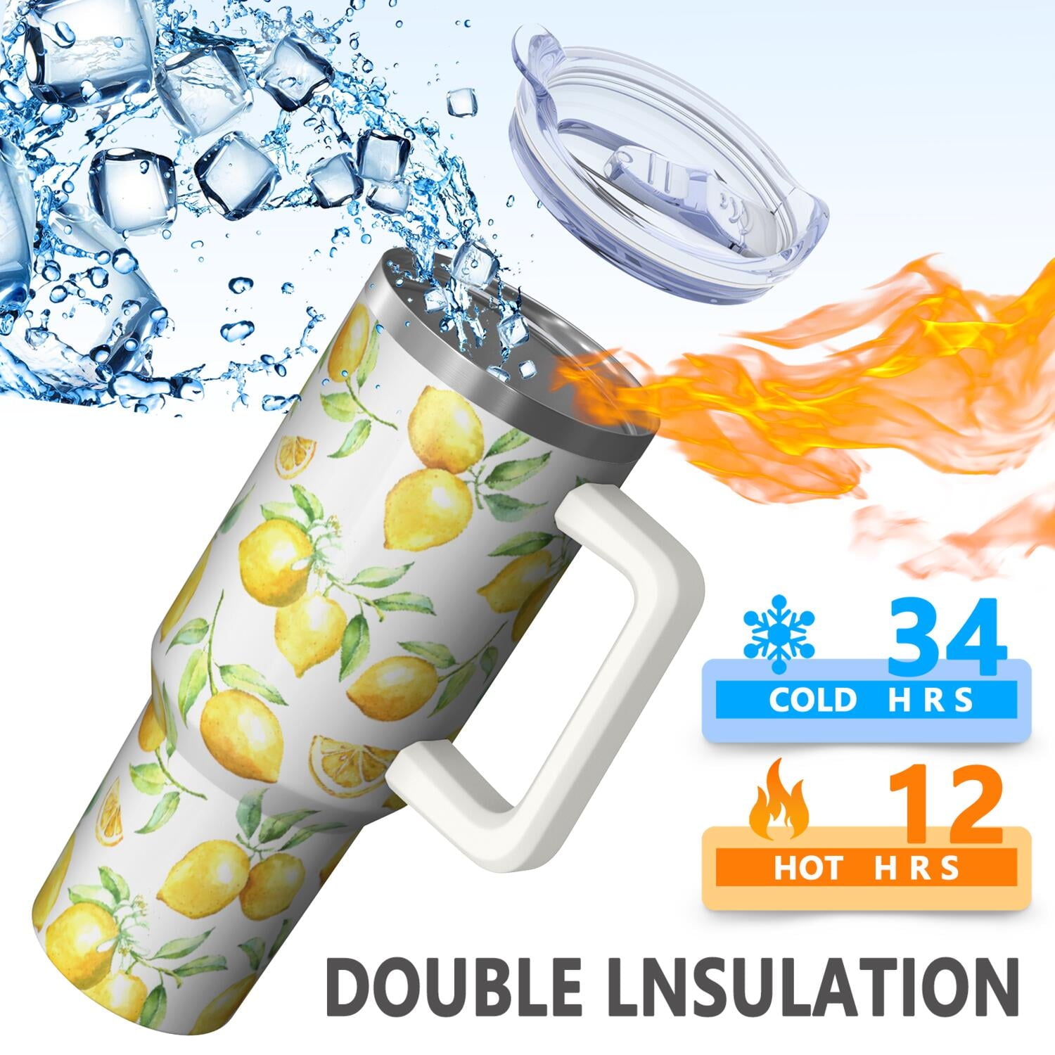 40oz Lemon Tumbler Lemon Theme 40 oz Tumbler with Handle & Straw Spill Proof Lid Double Insulated Mug Gifts for Lemon Men Women
