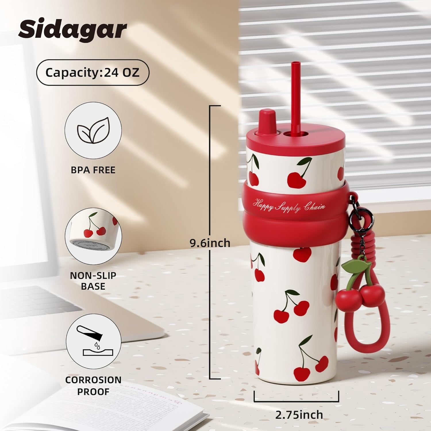 Sidagar 24 oz Stainless Steel Vacuum Insulated Coffee Travel Tumbler with Straw Lid, Red Cherry