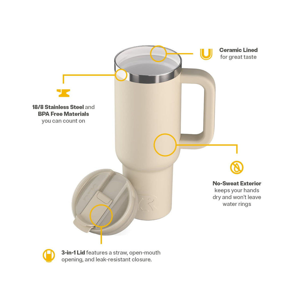 RTIC 40 oz Ceramic Lined Road Trip Tumbler with Handle and Leak-Resistant Straw Lid, Beach