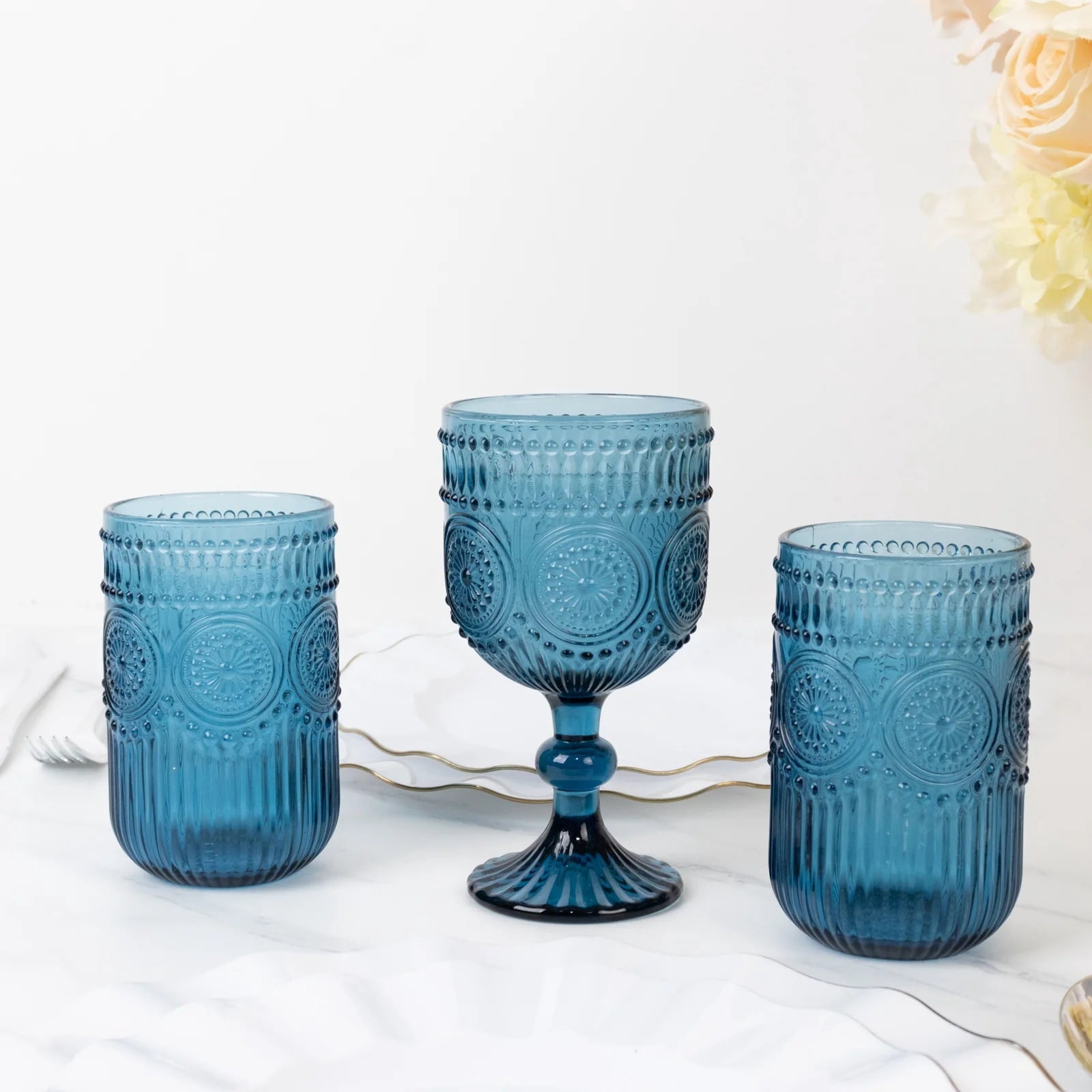 BalsaCircle 6 Ocean Blue 14 oz Round Glass Tumblers with Vintage Floral Embossed Pattern Party Tableware Wedding Events Decorations Supplies