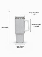Thirstee 40 oz Rhinestone Tumbler with Handle and Metal Straw Lid, White Bling Insulated Travel Mug