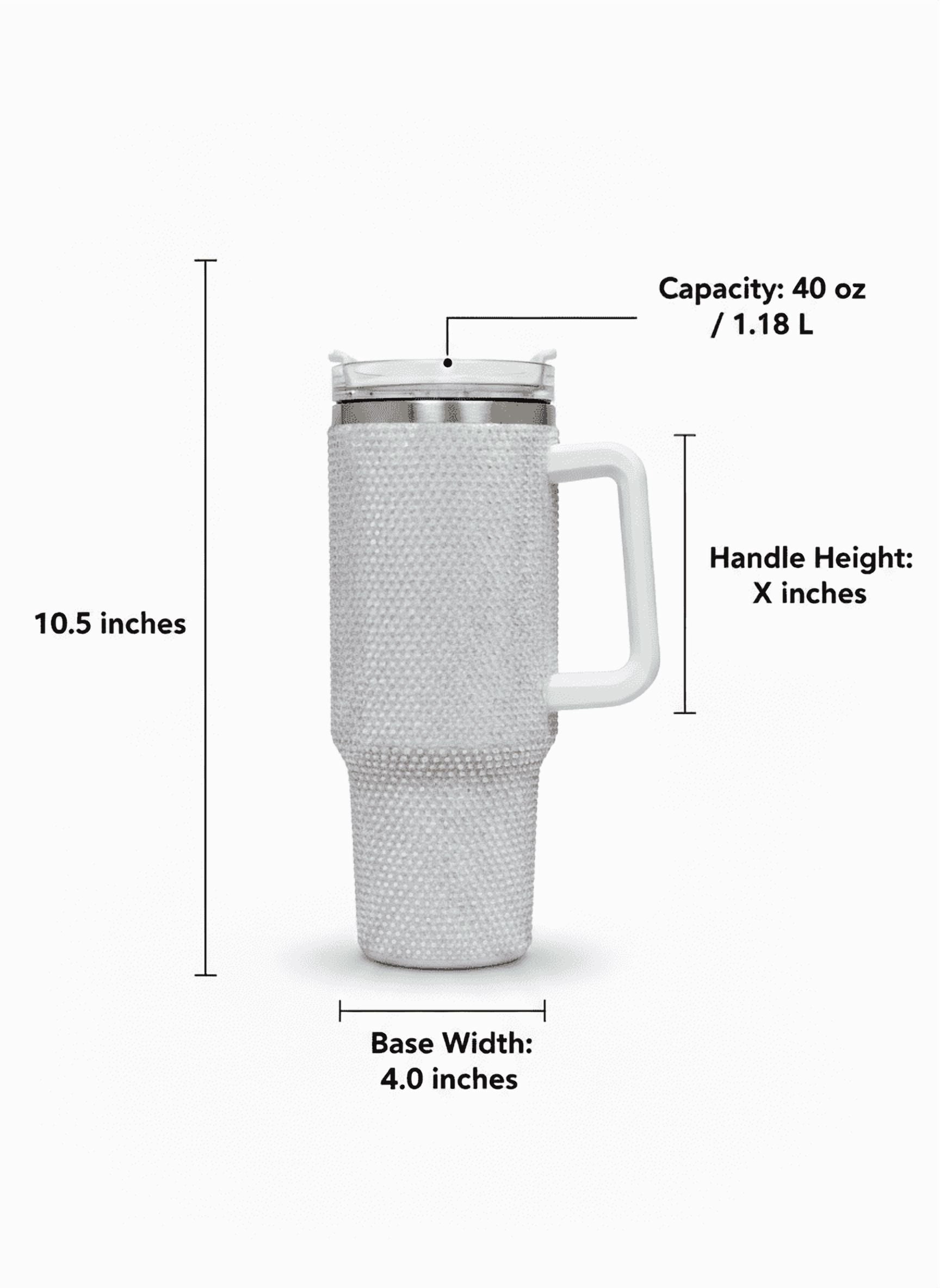 Thirstee 40 oz Rhinestone Tumbler with Handle and Metal Straw Lid, White Bling Insulated Travel Mug