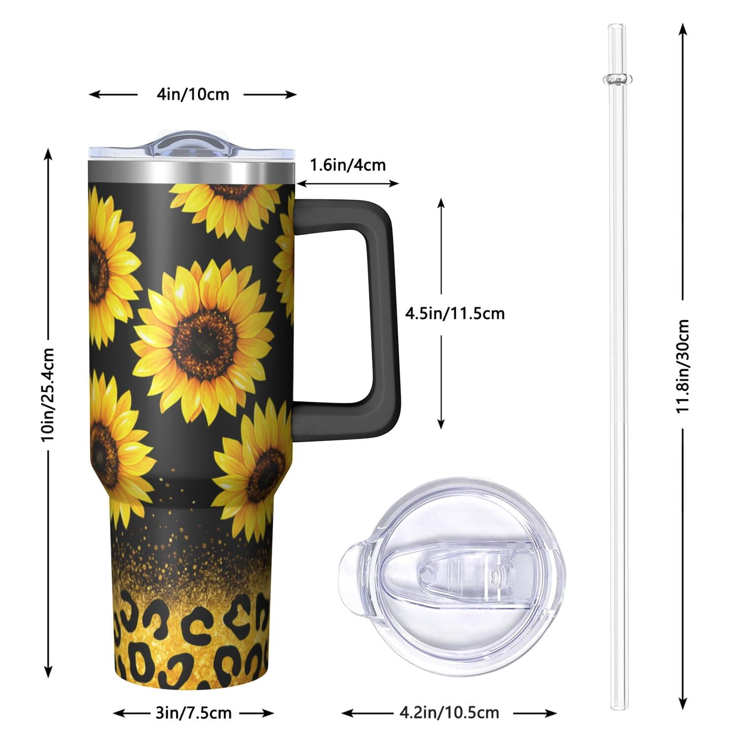 1pc Sunflower 40oz Tumbler with Straw & Handle - Insulated Stainless Steel Cup | Holiday Gift for Man Women (Christmas, Valentine's, Birthday)