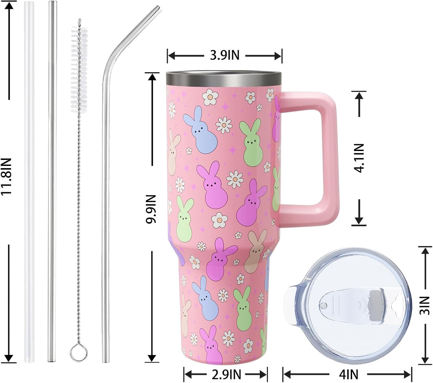 Easter Day Gifts 40oz Tumbler with Handle and Straw, Cute Bunnies Buddies Spring Stainless Steel Insulated Cup, Colorful Holiday Bunny Water Bottle Gifts for Women Men (1PC)